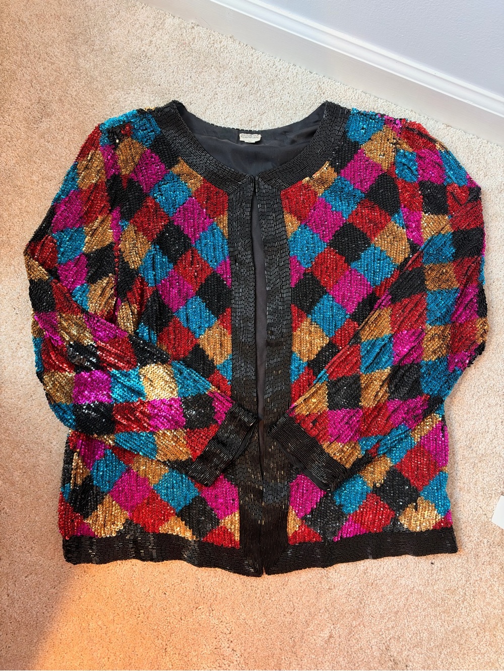 Vintage Hand-Beaded Silk and Sequin Argyle Jacket